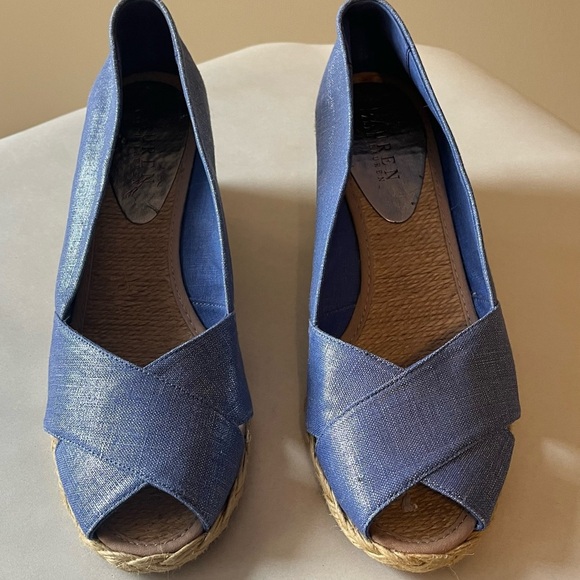 Lauren Ralph Lauren Cecelia Periwinkle Blue Linen Espadrille Wedge Sandals 8.5B - Picture 2 of 12